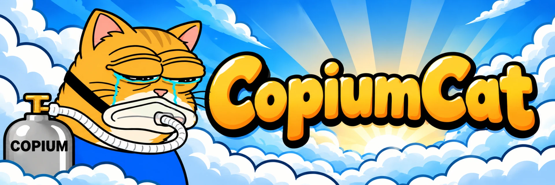 CopiumCat banner — the cat huffing copium beside golden CopiumCat lettering in a sunny sky
