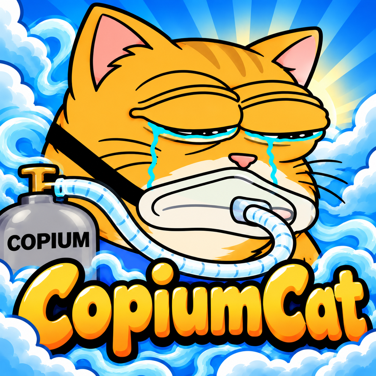 CopiumCat — a crying orange cat huffing copium from a tank in a cloudy sky